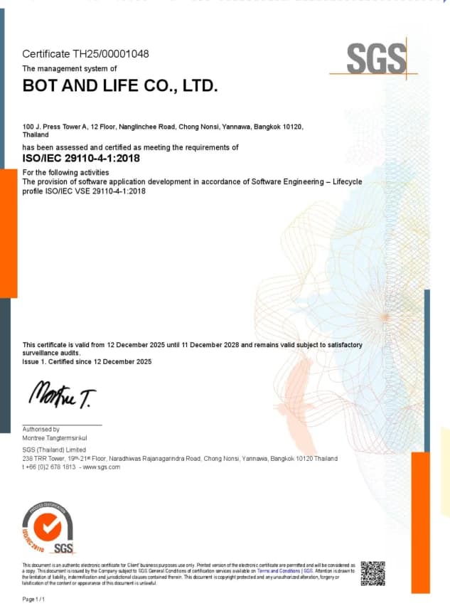 ISO/IEC 29110-4-1:2018 Certified for Software Engineering Lifecycle by SGS (Certificate TH25/00001048)